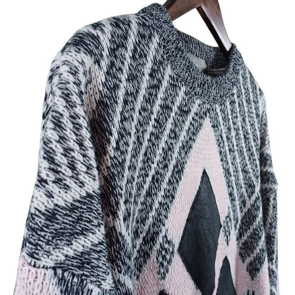 Vtg Alvin Josef Y2K 90s Womens Argyle Leather Patch Knit Sweater Pink Grey Sz XL - Picture 3 of 8
